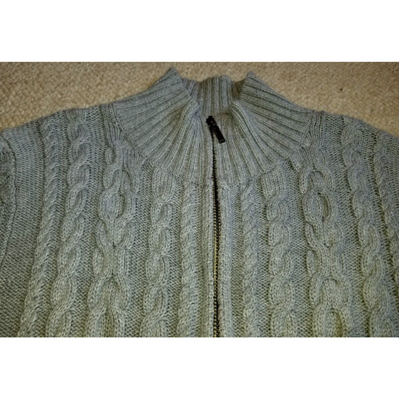 Womens Sweater-L.L. BEAN-gray 100% cotton cable-knit zip cardigan long sleeves-L - Picture 3 of 4